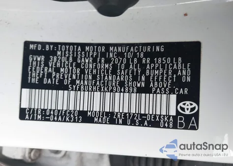 2019 Toyota Corolla Se z USA, uszkodzony, nr VIN 5YFBURHEXKP904898